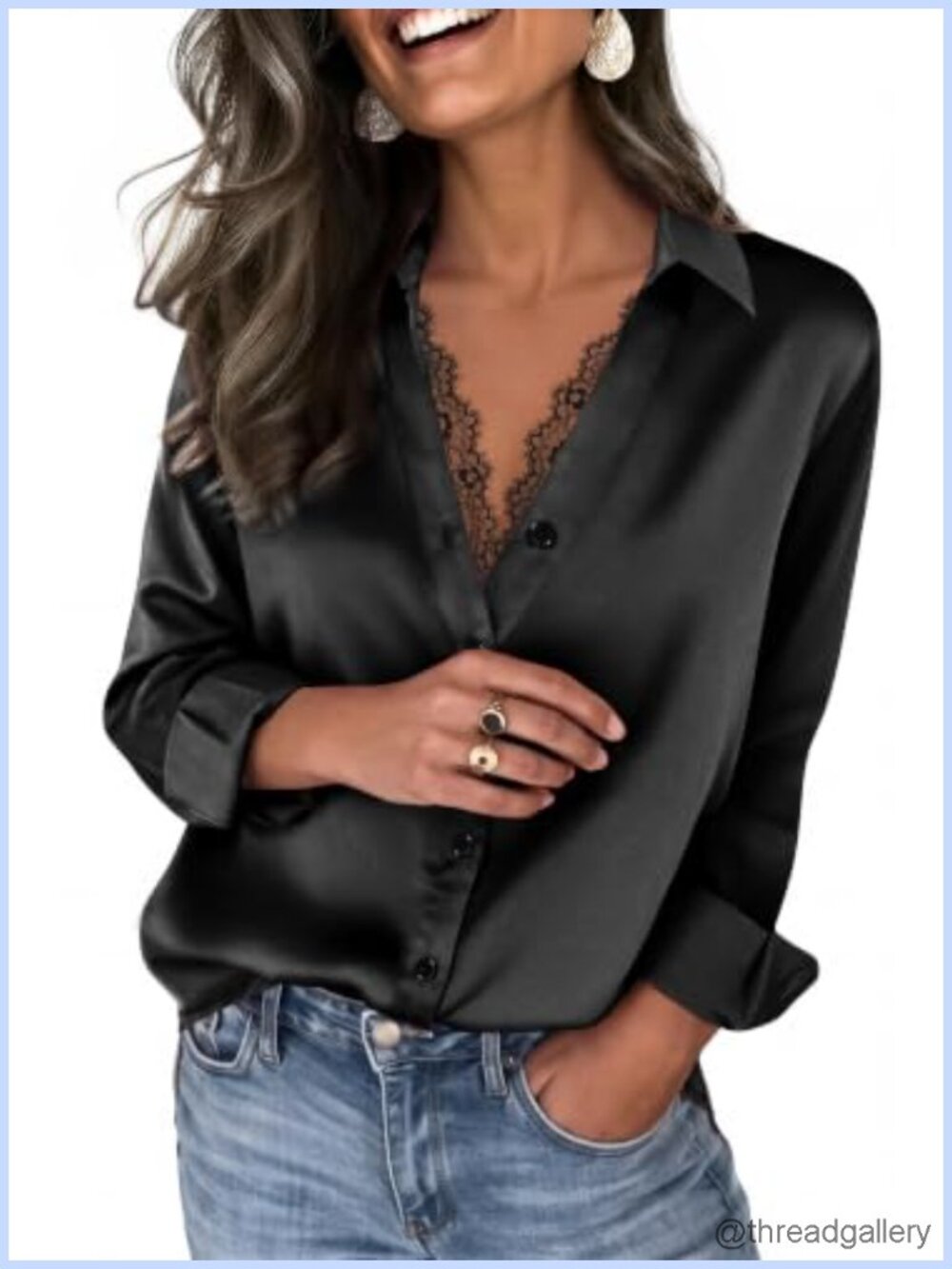 Satin Lace Button Down Shirt Long Sleeve